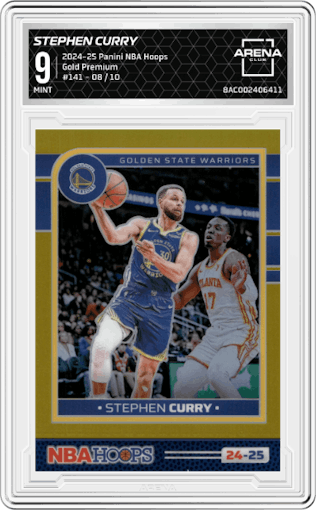 Stephen Curry from the 2024-25 Panini NBA Hoops set featuring a Gold Premium parallel graded by Arena Club and given an overall grade of 9.