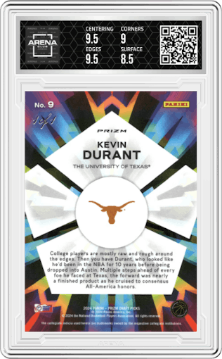Kevin Durant from the 2024 Panini Prizm Draft Picks set featuring a Black Prizm parallel graded by Arena Club and given an overall grade of 9.