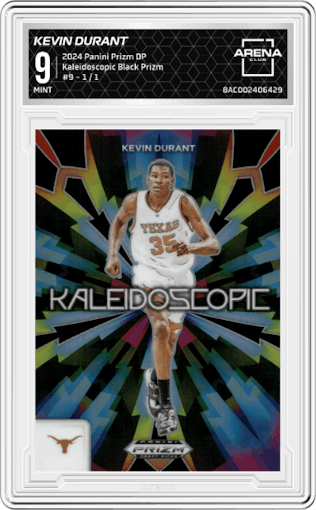 Kevin Durant from the 2024 Panini Prizm Draft Picks set featuring a Black Prizm parallel graded by Arena Club and given an overall grade of 9.