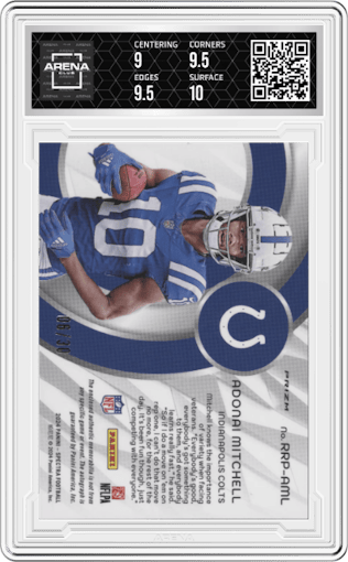 Adonai Mitchell from the 2024 Panini Spectra set featuring a Purple Neon  parallel graded by Arena Club and given an overall grade of 9.5.