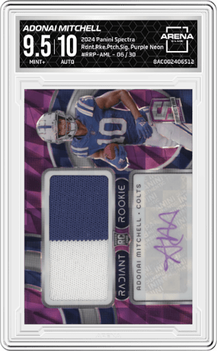 Adonai Mitchell from the 2024 Panini Spectra set featuring a Purple Neon  parallel graded by Arena Club and given an overall grade of 9.5.