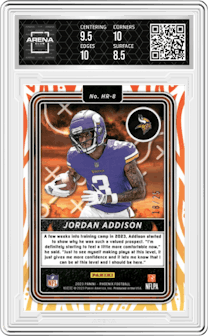 Jordan Addison from the 2023 Panini Phoenix set featuring a Green parallel graded by Arena Club and given an overall grade of 9.