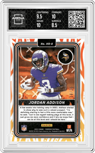 Jordan Addison from the 2023 Panini Phoenix set featuring a Green parallel graded by Arena Club and given an overall grade of 9.