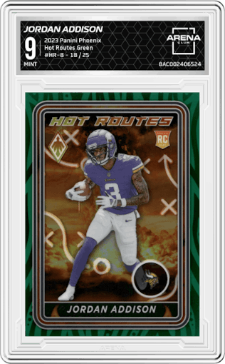 Jordan Addison from the 2023 Panini Phoenix set featuring a Green parallel graded by Arena Club and given an overall grade of 9.