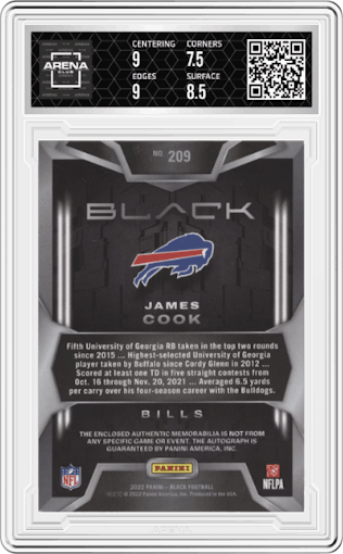 James Cook from the 2022 Panini Black set featuring a Silver parallel graded by Arena Club and given an overall grade of 8.