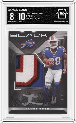 James Cook from the 2022 Panini Black set featuring a Silver parallel graded by Arena Club and given an overall grade of 8.