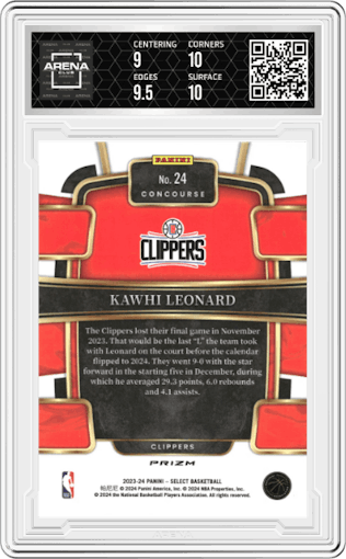 Kawhi Leonard from the 2023-24 Panini Select  set featuring a Elephant Prizm parallel graded by Arena Club and given an overall grade of 9.5.