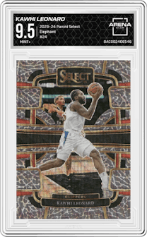 Kawhi Leonard from the 2023-24 Panini Select  set featuring a Elephant Prizm parallel graded by Arena Club and given an overall grade of 9.5.