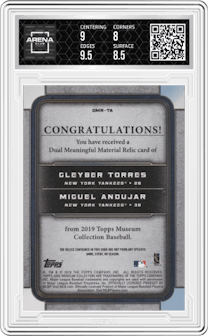 Gleyber Torres / Miguel Andujar from the 2019 Topps Museum Collection set featuring a Red parallel graded by Arena Club and given an overall grade of 8.5.