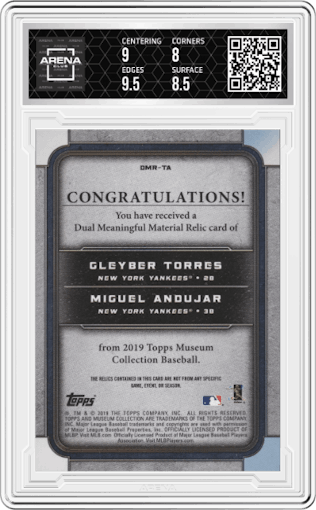 Gleyber Torres / Miguel Andujar from the 2019 Topps Museum Collection set featuring a Red parallel graded by Arena Club and given an overall grade of 8.5.