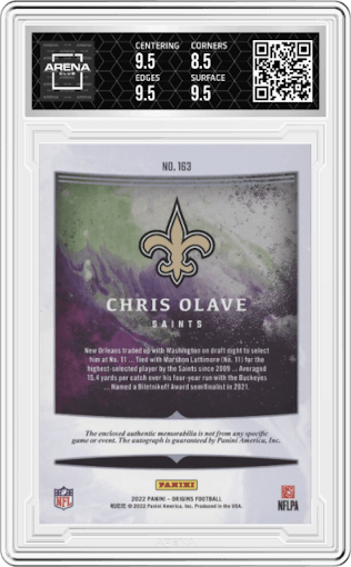 Chris Olave from the 2022 Panini Origins set graded by Arena Club and given an overall grade of 9.