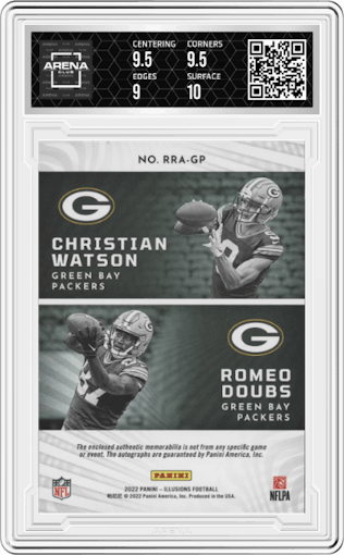 Christian Watson/Romeo Doubs from the 2022 Panini Illusions set featuring a Blue parallel graded by Arena Club and given an overall grade of 9.5.