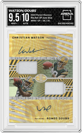 Christian Watson/Romeo Doubs from the 2022 Panini Illusions set featuring a Blue parallel graded by Arena Club and given an overall grade of 9.5.