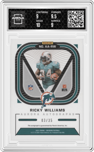 Ricky Williams from the 2021 Panini Obsidian set featuring a Electric Etch Orange parallel graded by Arena Club and given an overall grade of 9.5.