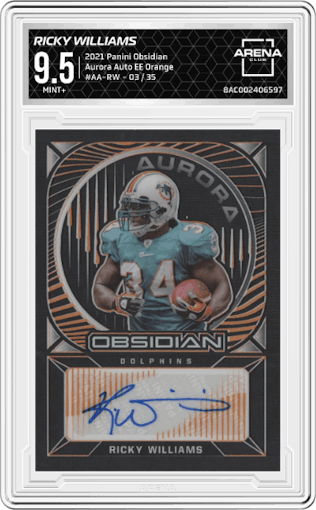 Ricky Williams from the 2021 Panini Obsidian set featuring a Electric Etch Orange parallel graded by Arena Club and given an overall grade of 9.5.