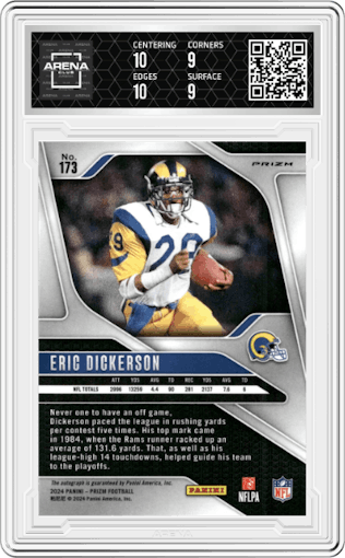 Eric Dickerson from the 2024 Panini Prizm set featuring a Silver Prizm parallel graded by Arena Club and given an overall grade of 9.5.