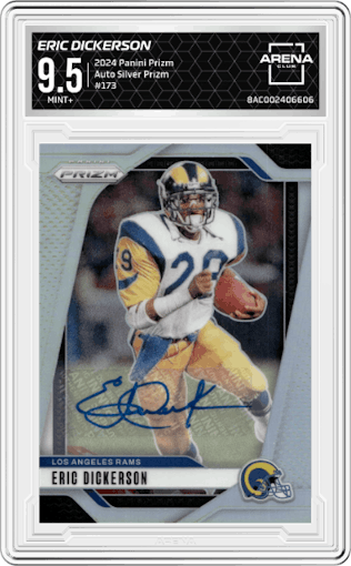 Eric Dickerson from the 2024 Panini Prizm set featuring a Silver Prizm parallel graded by Arena Club and given an overall grade of 9.5.