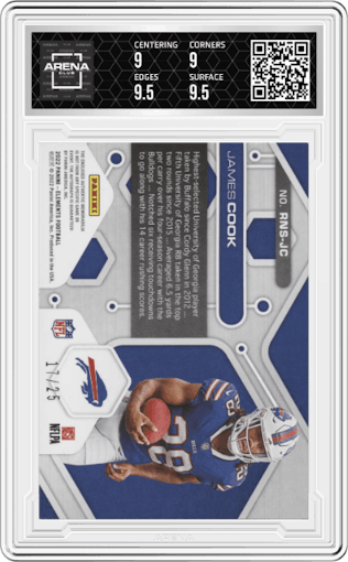 James Cook from the 2022 Panini Elements set featuring a Prime parallel graded by Arena Club and given an overall grade of 9.5.
