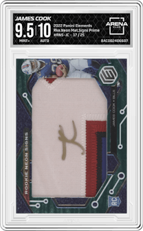 James Cook from the 2022 Panini Elements set featuring a Prime parallel graded by Arena Club and given an overall grade of 9.5.