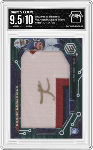 James Cook from the 2022 Panini Elements set featuring a Prime parallel graded by Arena Club and given an overall grade of 9.5.