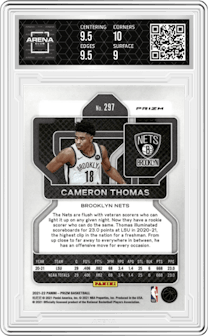Cameron Thomas from the 2021-22 Panini Prizm  set featuring a Green Prizm parallel graded by Arena Club and given an overall grade of 9.5.