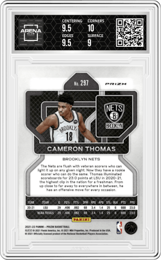 Cameron Thomas from the 2021-22 Panini Prizm  set featuring a Green Prizm parallel graded by Arena Club and given an overall grade of 9.5.
