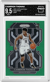 Cameron Thomas from the 2021-22 Panini Prizm  set featuring a Green Prizm parallel graded by Arena Club and given an overall grade of 9.5.