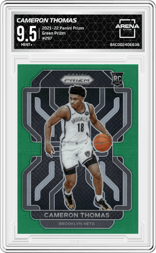 Cameron Thomas from the 2021-22 Panini Prizm  set featuring a Green Prizm parallel graded by Arena Club and given an overall grade of 9.5.