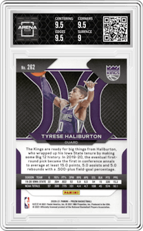 Tyrese Haliburton from the 2020-21 Panini Prizm set graded by Arena Club and given an overall grade of 9.5.