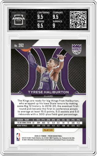 Tyrese Haliburton from the 2020-21 Panini Prizm set graded by Arena Club and given an overall grade of 9.5.