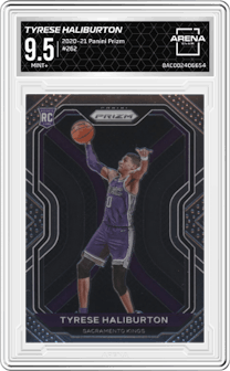Tyrese Haliburton from the 2020-21 Panini Prizm set graded by Arena Club and given an overall grade of 9.5.