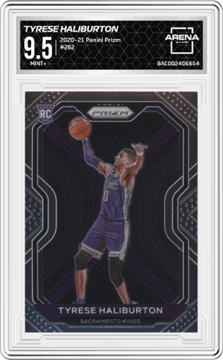 Tyrese Haliburton from the 2020-21 Panini Prizm set graded by Arena Club and given an overall grade of 9.5.