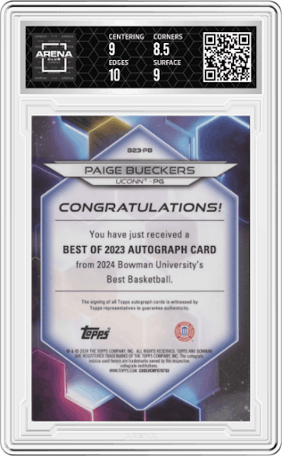 Paige Bueckers from the 2023-24 Bowman Best University set featuring a Refractor parallel graded by Arena Club and given an overall grade of 9.
