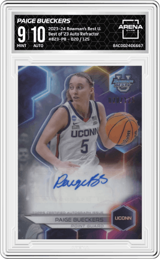 Paige Bueckers from the 2023-24 Bowman Best University set featuring a Refractor parallel graded by Arena Club and given an overall grade of 9.