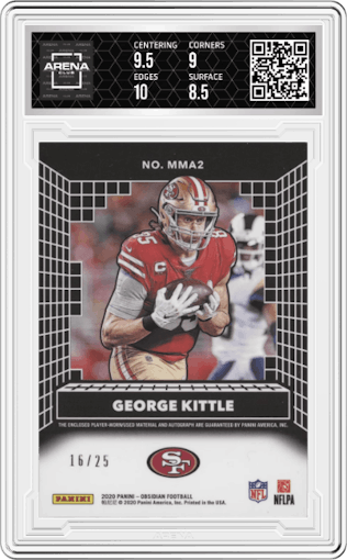 George Kittle  from the 2020 Panini Obsidian set graded by Arena Club and given an overall grade of 9.
