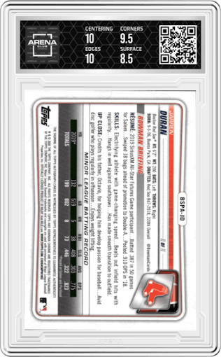 Jarren Duran from the 2020 Bowman Sapphire Edition set graded by Arena Club and given an overall grade of 9.