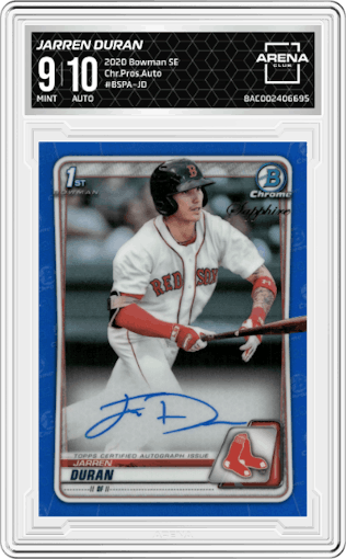 Jarren Duran from the 2020 Bowman Sapphire Edition set graded by Arena Club and given an overall grade of 9.