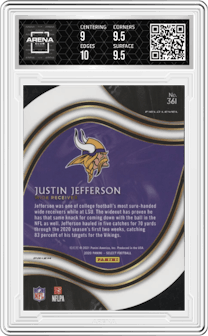 Justin Jefferson from the 2020 Panini Select set featuring a Die-Cut Neon Green parallel graded by Arena Club and given an overall grade of 9.5.