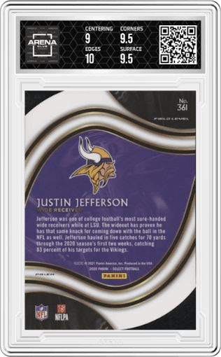 Justin Jefferson from the 2020 Panini Select set featuring a Die-Cut Neon Green parallel graded by Arena Club and given an overall grade of 9.5.