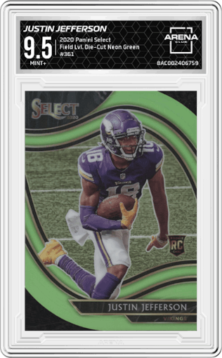 Justin Jefferson from the 2020 Panini Select set featuring a Die-Cut Neon Green parallel graded by Arena Club and given an overall grade of 9.5.