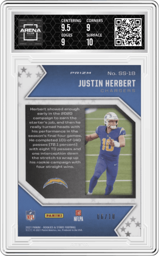 Justin Herbert from the 2021 Panini Rookies & Stars set featuring a Gold parallel graded by Arena Club and given an overall grade of 9.5.