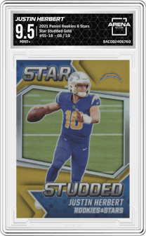 Justin Herbert from the 2021 Panini Rookies & Stars set featuring a Gold parallel graded by Arena Club and given an overall grade of 9.5.