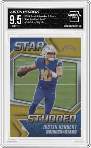 Justin Herbert from the 2021 Panini Rookies & Stars set featuring a Gold parallel graded by Arena Club and given an overall grade of 9.5.