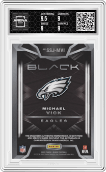 Michael Vick from the 2022 Panini Black set graded by Arena Club and given an overall grade of 9.