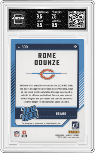 Rome Odunze  from the 2024 Donruss set featuring a Purple parallel graded by Arena Club and given an overall grade of 8.