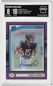 Rome Odunze  from the 2024 Donruss set featuring a Purple parallel graded by Arena Club and given an overall grade of 8.