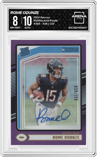 Rome Odunze  from the 2024 Donruss set featuring a Purple parallel graded by Arena Club and given an overall grade of 8.