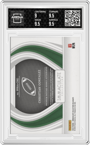 Christian Gonzalez from the 2023 Panini Immaculate Collection Collegiate set featuring a Ruby parallel graded by Arena Club and given an overall grade of 9.5.