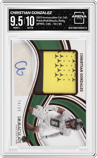 Christian Gonzalez from the 2023 Panini Immaculate Collection Collegiate set featuring a Ruby parallel graded by Arena Club and given an overall grade of 9.5.