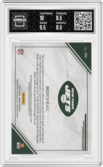 Breece Hall from the 2022 Panini Limited set featuring a Gold Spotlight parallel graded by Arena Club and given an overall grade of 9.